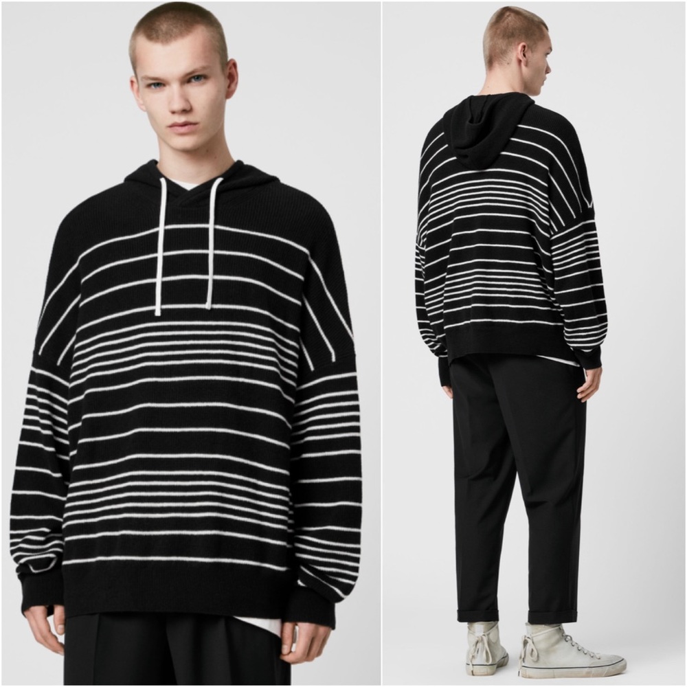 ALLSAINTS Reverb Hooded Stripes Contemporary Wool Blend Sweater Black Ecru - Picture 6 of 12